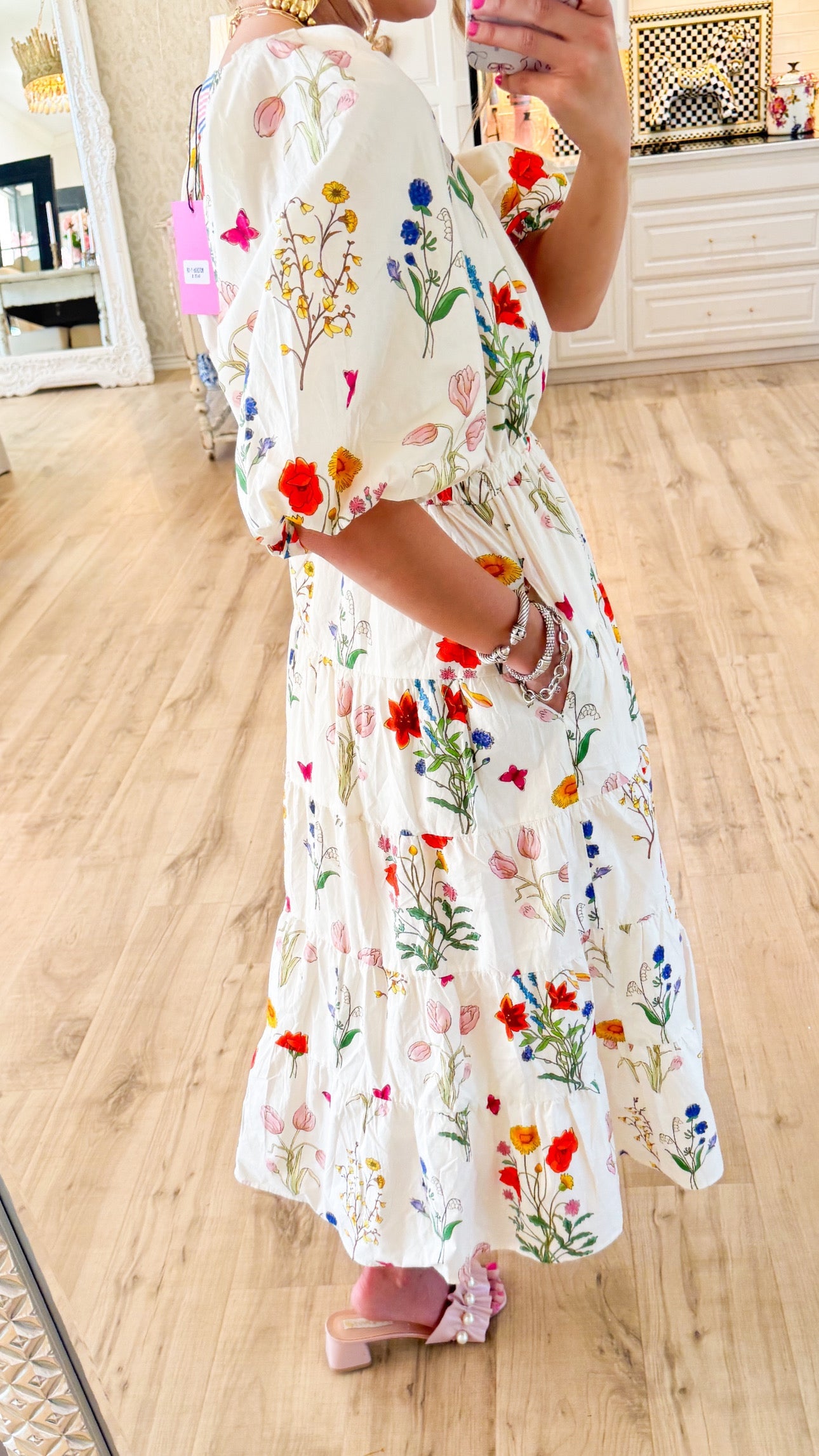 Cream Floral Puff Sleeve Midi Dress