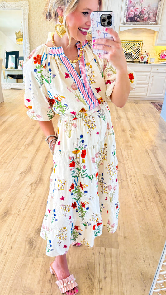 Cream Floral Puff Sleeve Midi Dress